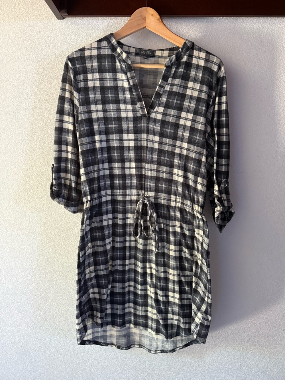 Lily Rose Plaid Mini Dress with Drawstring Roll Tab Sleeves, Size L